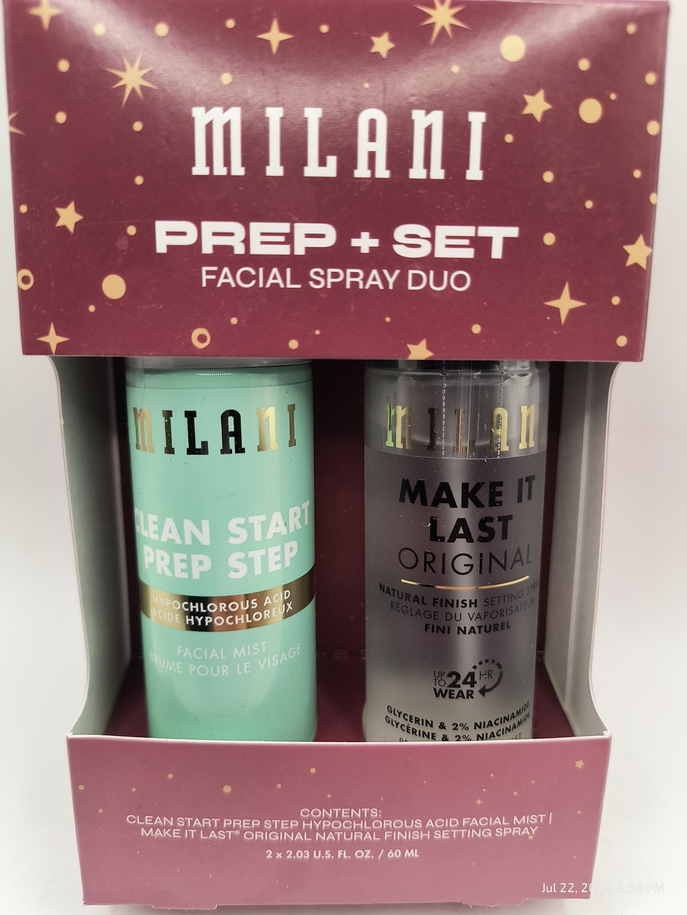 Milani Prep + Set Facial Spray Duo NIB Facial Mist Setting Spray Hypochlorous